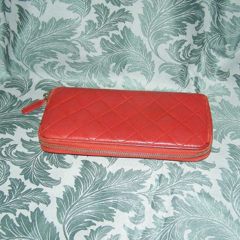 CHANEL Dark Red Lambskin Quilted Leather Wallet